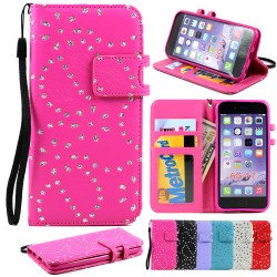 iPhone 6 4.7 Diamond Flip PU Leather Wallet Case with Strap (Hot Pink)